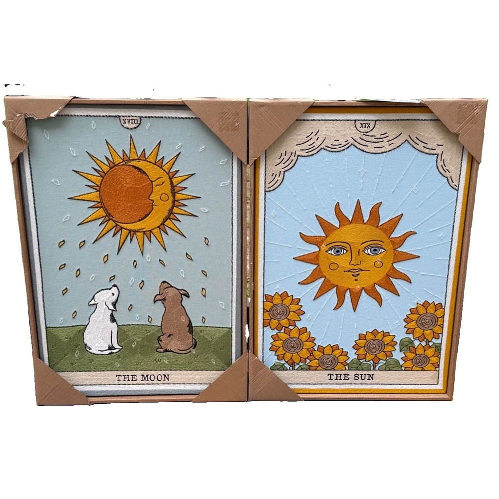 BP Home Woven Artistry Framed Wall Art Set The Sun And Moon Dogs 18x26 NWT